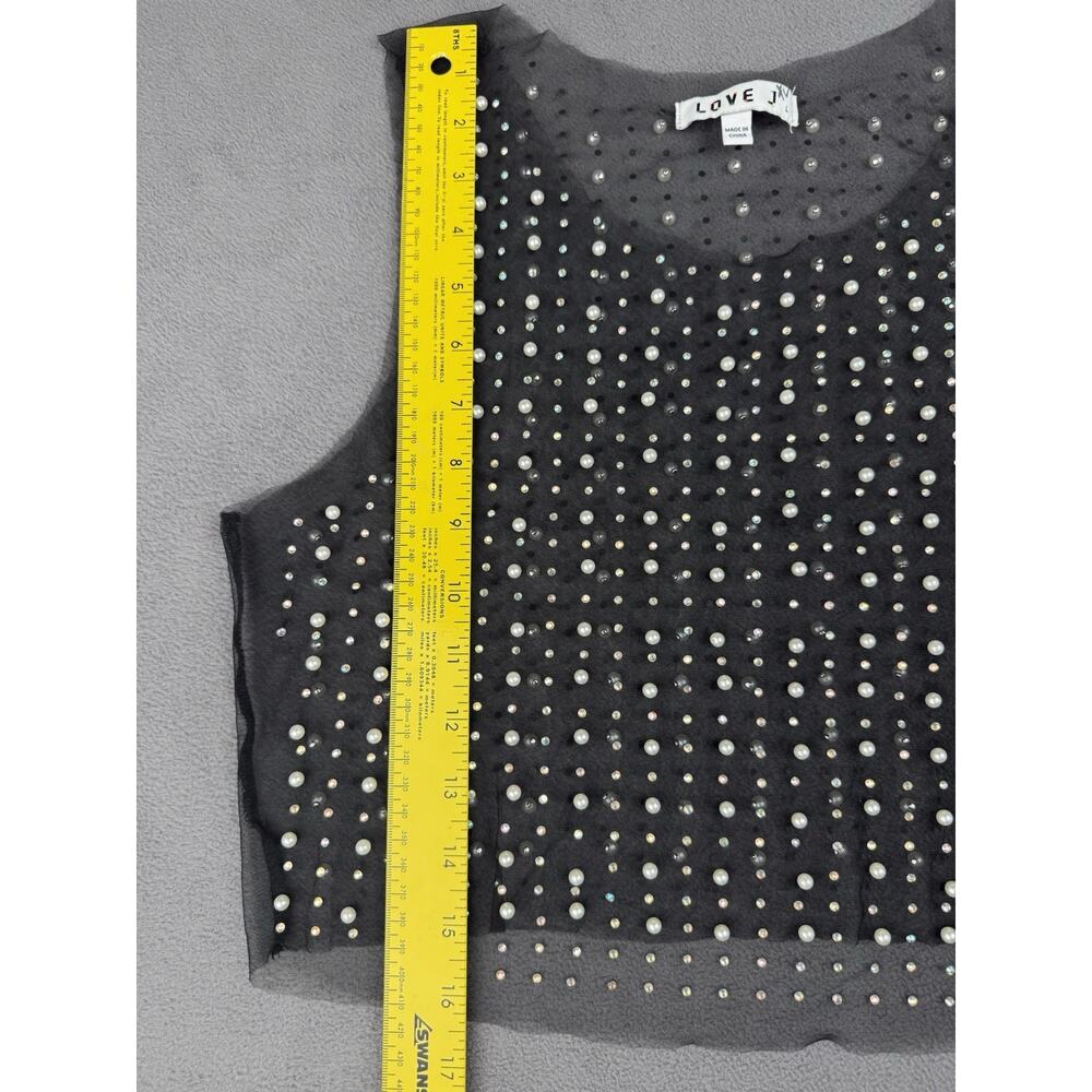 Love J Black Sheer Mesh Pearl Rhinestone Crop Tank Top Y2K Party Size L - Picture 12 of 16